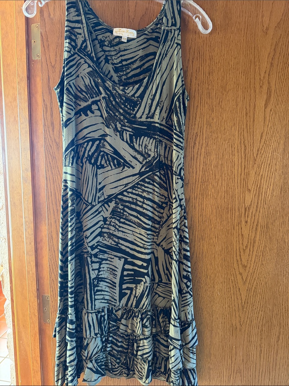 Sleeveless Olive Green & Black Abstract V-Neck Dress by Zena Kahl